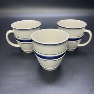 3x Country Crock Stoneware Mugs 16 Oz Farmhouse Blue Green Stripe by Tienshan